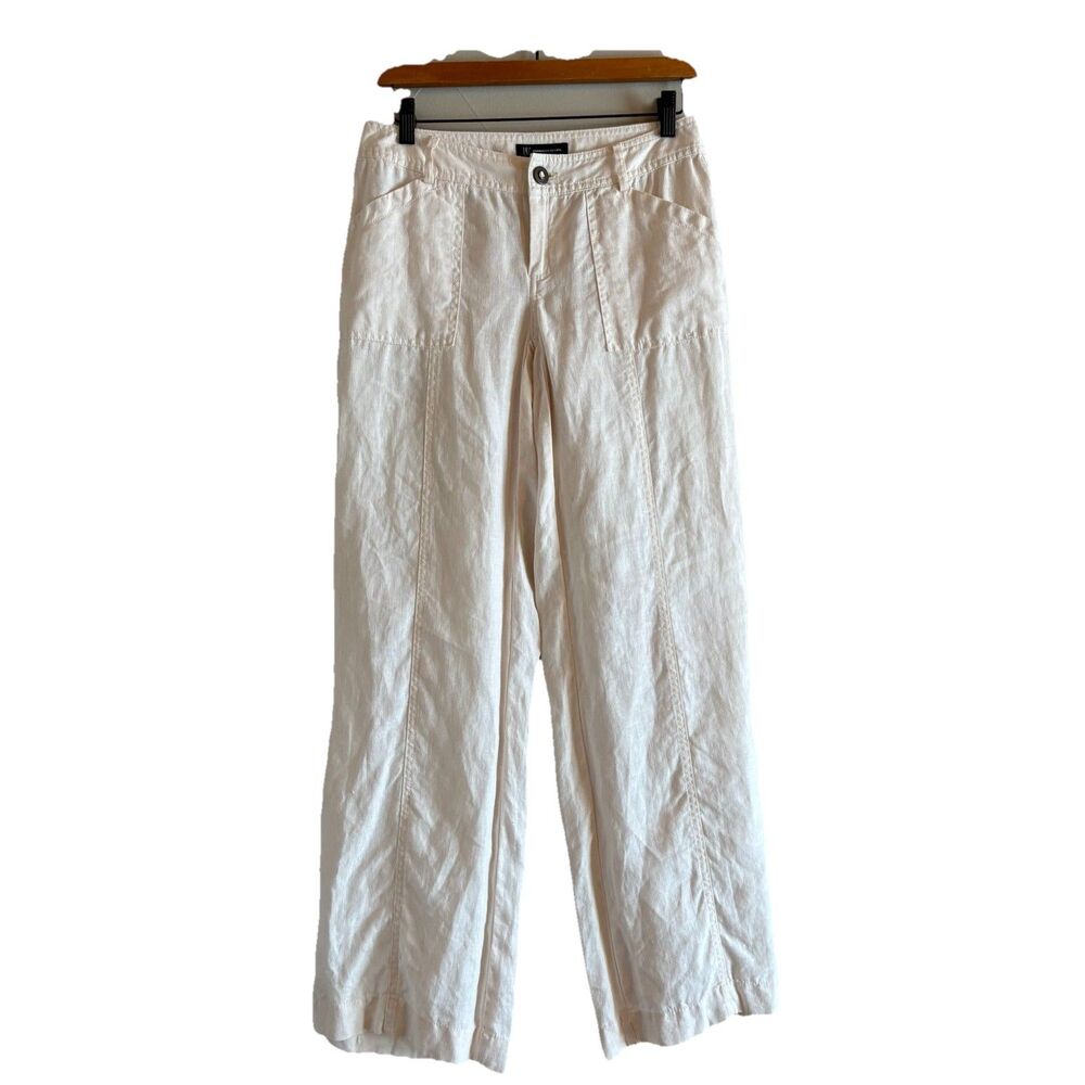 INC 100% Linen White Pants, Low Rise, Wide Leg. Rhinestone Button SZ 0 28” Waist